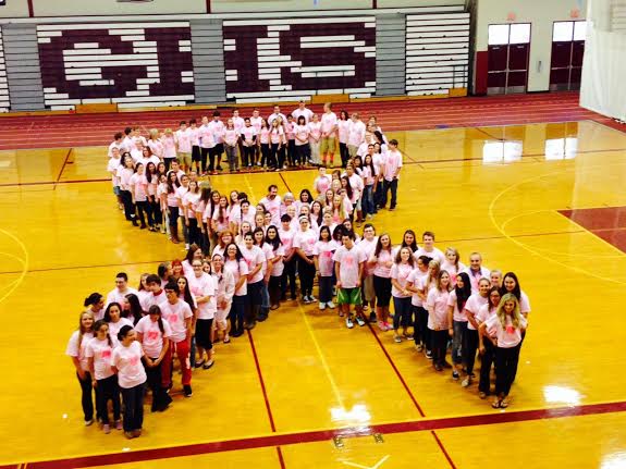 G.H.S. students make a human ribbon to support breast cancer research. 