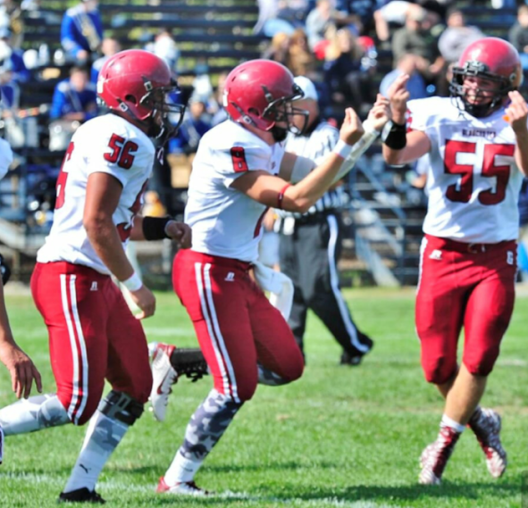 Seniors Mike Cody and Thomas Donahue celebrate after an eight-point drive