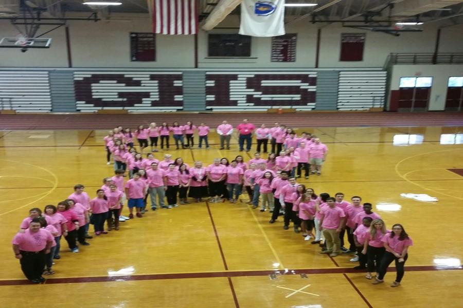 Students+and+teachers+form+a+pink+ribbon+to+promote+breast+cancer+awareness