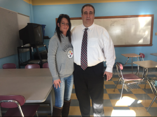 Police Chief Leonard Campanello with ex-addict Nicole, who spoke to GHS health classes on December 15. 