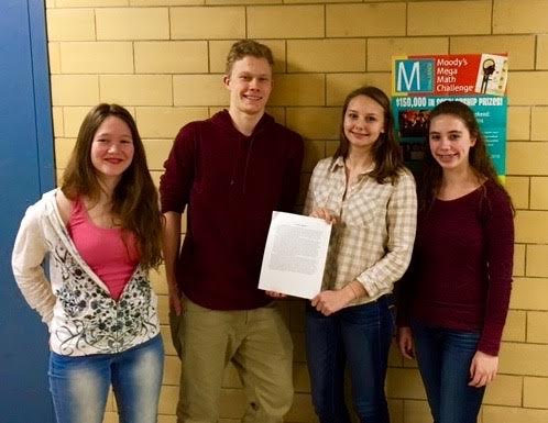 (From left) Danielle Bauke, Lukas Struppe, Matilda Grow and Sammy Orlando were awarded a $1000 scholarship for Moodys Mega Math Challenge