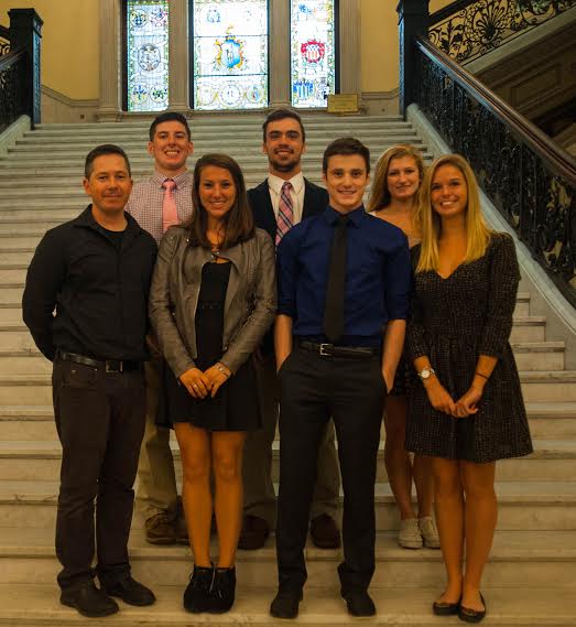 Hannah Mills (right) with youth awareness group at the statehouse. Also pictured (from left) Adviser Zach Roy, Mike Cody, Lizzy Ciaramitaro, Alex Enes, Patrick Goss and Sara Francis 