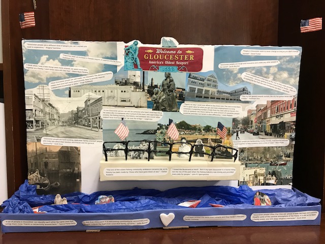 A diorama of the physical change in Gloucester with quotes that define what the essence of a Gloucesterman is. Made by Soo Ae Ono, Vidriana Catanzaro, and Caroline Enos