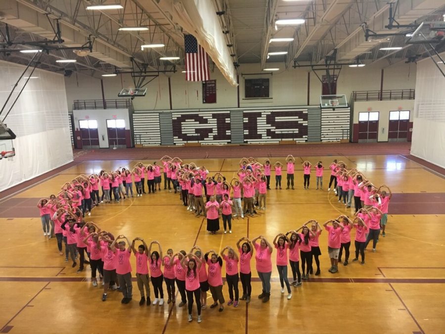 GHS students and faculty, adorned in pink, arrange themselves in a heart shape.