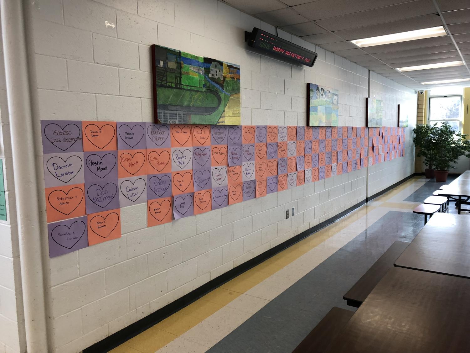 The Youth Advisory Council wrote every GHS student's name on hearts hanging on the cafeteria for Valentine's Day
