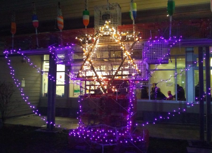 The Lobster trap Hannukkiah, lit on the first night of Hanukkah, 2018.