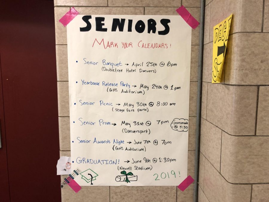 Important dates and events for seniors are posted next to the ticket booth.