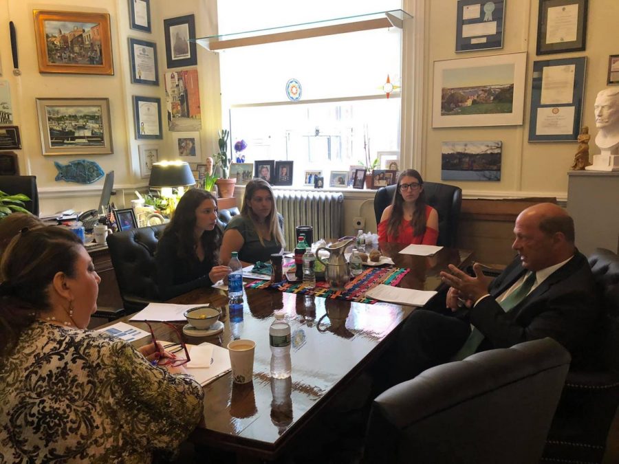 Mayor Sefatia Romeo Theken and Chief Advisory Officer James Destino met with students Danielle Denman, Lauren Alves, Kennedy Rounds, Madison Kolterjahn at student government day.