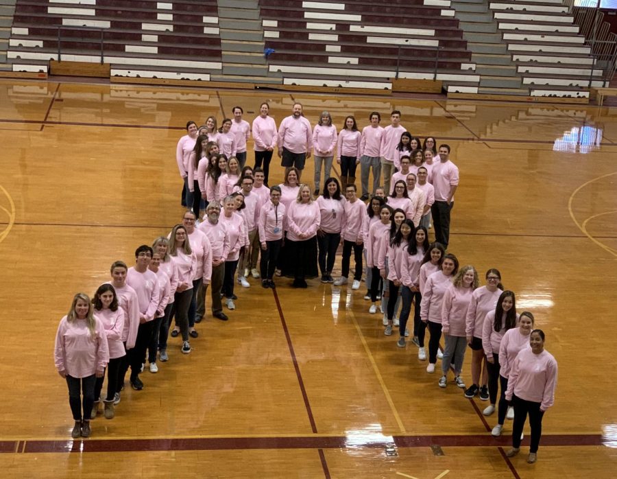 Students and staff pose in the shape of a pink ribbon to show support for cancer survivors.