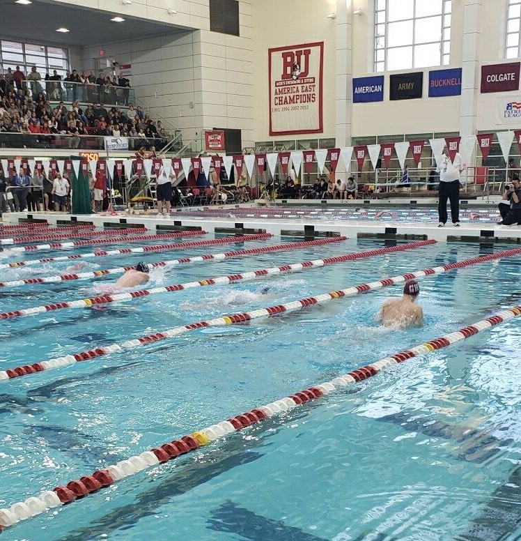 Sam Groleau swims 100 breaststroke at the State Championships at Boston University