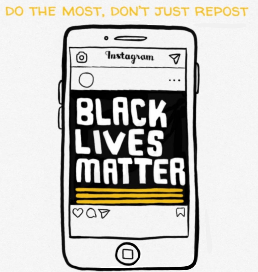 The artists depiction of a smartphone with Instagram open. Many peoples Instagram feeds have been flooded with displays of social media activism since the murder of George Floyd.  