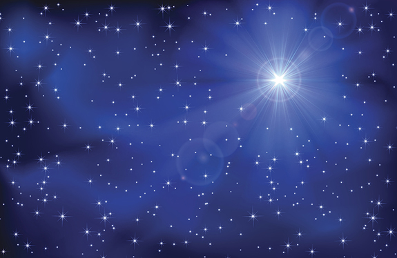 Shining star in the dark blue night sky, illustration.