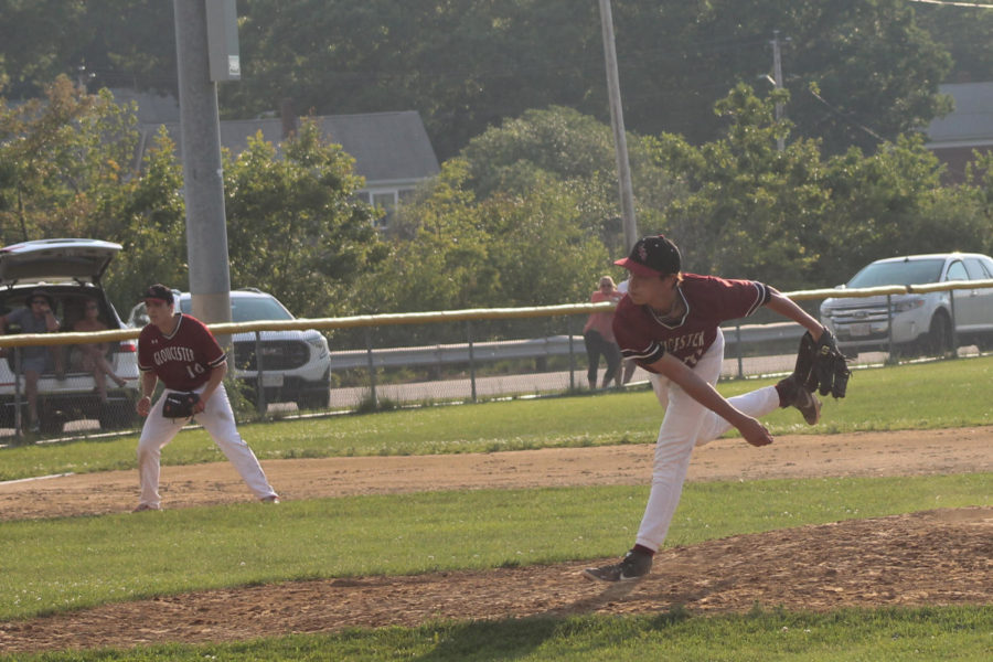 Zach Morris pitches from the stretch in the 7th inning against Marblehead.
