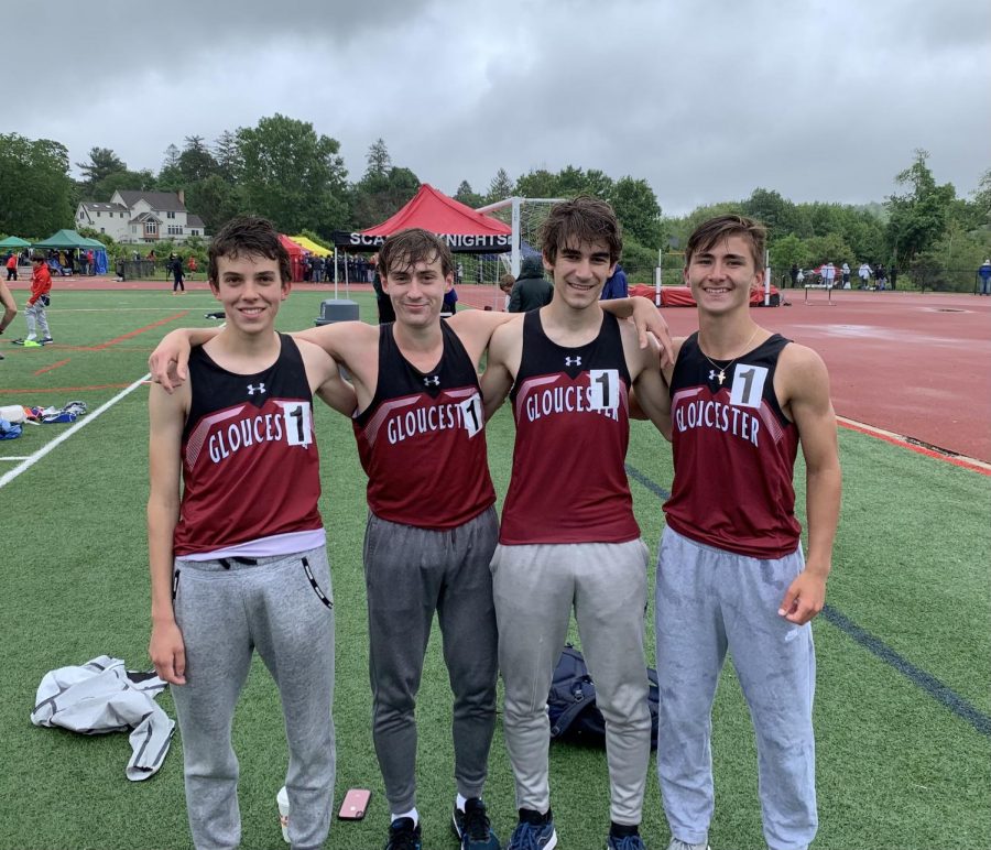 The Distance Medley Relay team ran a time of 11:01.9, placing first at the Division 2 State Relays and breaking the school record. (From left) Nick Poulin, Will Kenney, James Wendell,  and Andrew Coelho