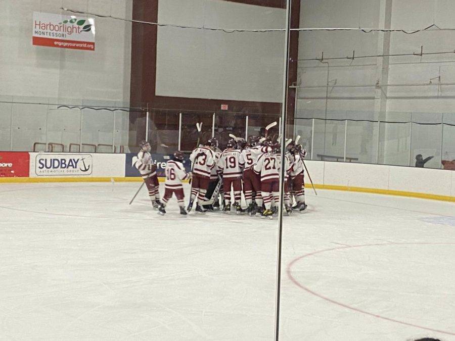 Gloucester Fishermen Hockey celebrates after their 7-3 win against Marblehead.