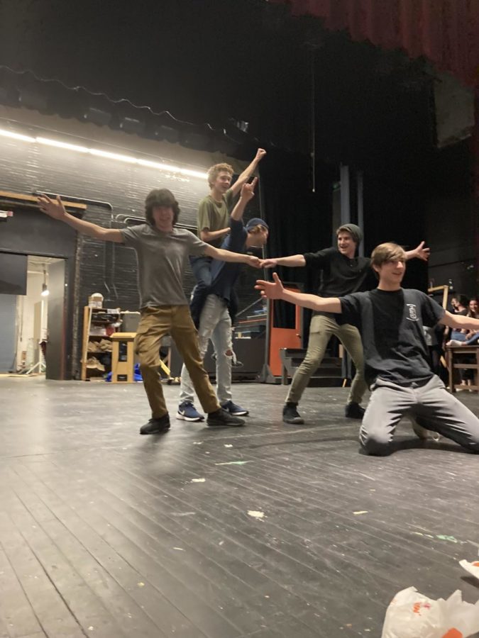 (from left) Declan Lessor, Nate Oaks, Tyler Weed, A.J. Porcello, Elijah Sarrouf work on a group number for the upcoming show