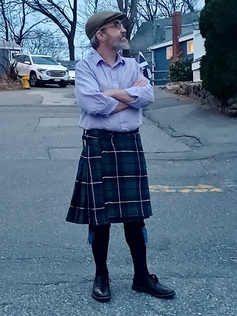 James Cook strikes a pose in his traditional kilt. He may never wear pants to work again. 