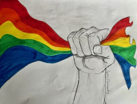 GHS artist Cyan Clements depicts a fist clenching a pride flag.
