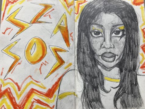 Artist Cyan Clements depicts SZAs beauty next to her album title SOS