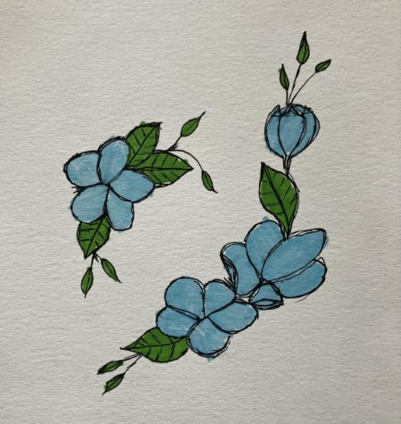 Artists impression of the eating disorder awareness symbol blossoming with blue flowers and green leaves, the eating disorder awareness colors.