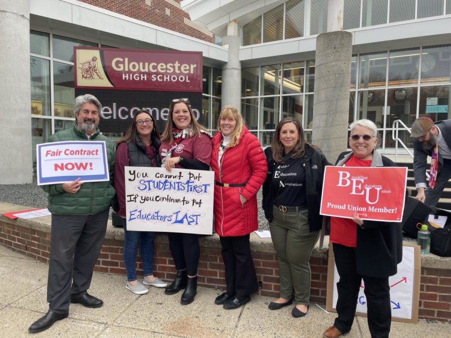 (from left) MTA President Max Page, GAEP President Monica Madruga, GTA President Rachel Rex, MTA Vice President Deb McCarthy, Malden Educators Association President Deb Gesualdo, Brookline Educators Union President Jessica Wender-Shubow show their support for Gloucesters ESPs at a rally on Monday.