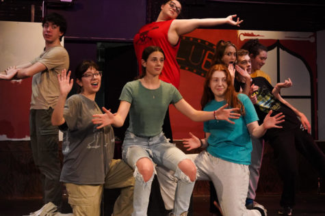 (from left) Declan Lessor, Aurelia Harrison, Esme Sarrouf, Cassidy Pontes and Jessica Cote rehearsing Land of Yesterday. 
