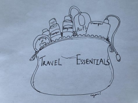 Clementss pen-on-paper depiction of a bag filled with travel necessities.