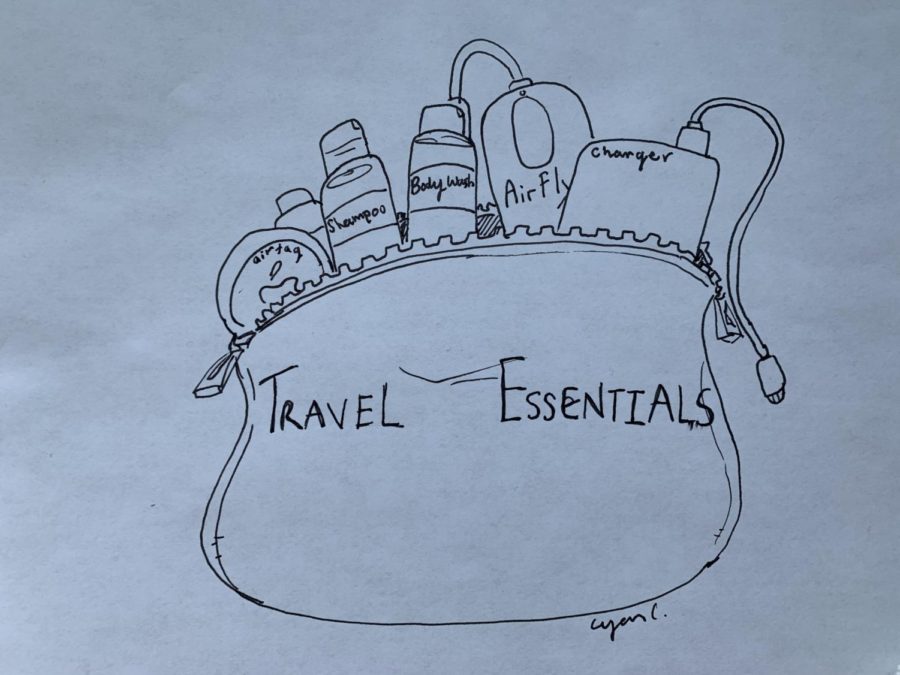 Clementss+pen-on-paper+depiction+of+a+bag+filled+with+travel+necessities.