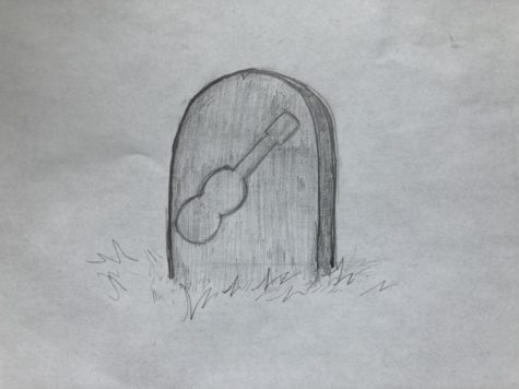 Cyan Clements depicts a bass guitar engraved on a headstone.