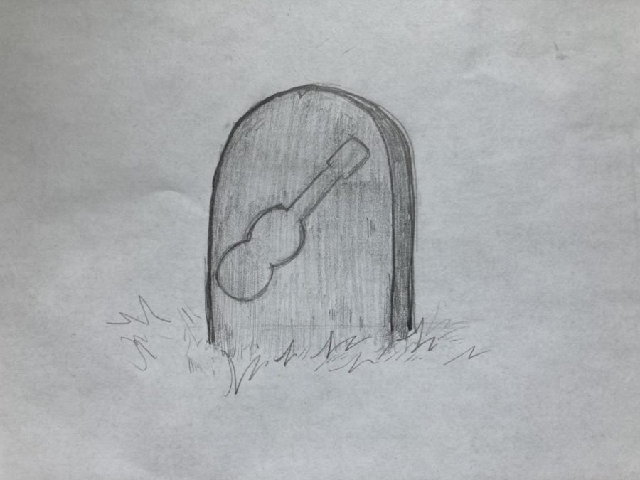 Cyan Clements depicts a bass guitar engraved on a headstone.