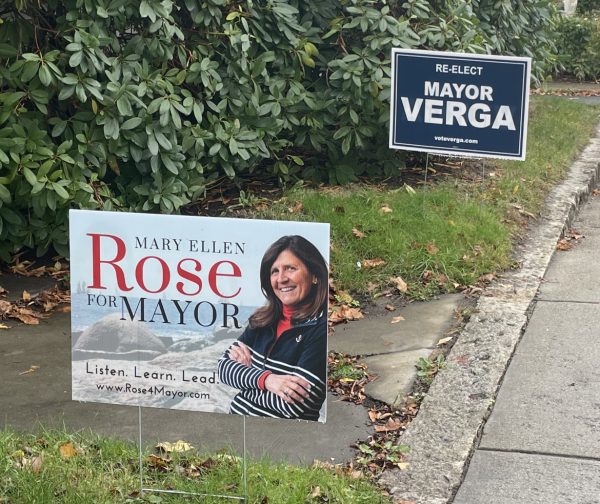 Lawn signs from the campaigns of Mary-Ellen Rose and Gregory Verga