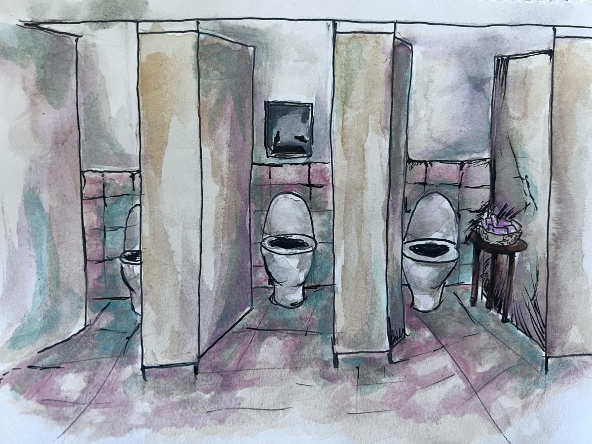 Watercolor and pen representation of a bathroom with a basket of period products 
