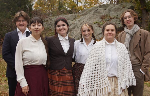 The main characters of Little Women pose for a photoshoot, from left: Sean Buckley, Aurelia Harrison, Malia Andrews, Emma Alves, Melody Mattson, and Finn Wall