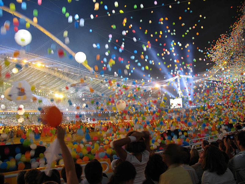 Opening ceremony of the 2004 Athens Games dumps balloons on the crowd.