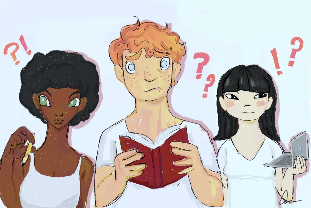 Artist Cyan Clements depicts diverse readers and writers pondering tough questions about art.