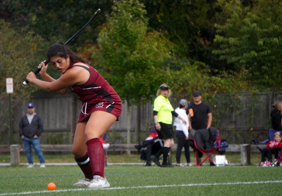 Captain Emma Carrapichosa takes a drive in the midfield in last week’s matchup with the Cheiftans.