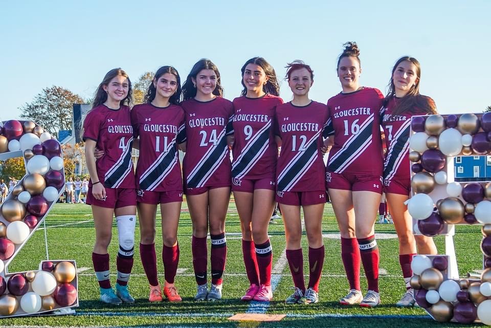 Skye Ciolino, Jordan Macchi, Taiya Mano, Ava Paone, Evelyn Porter, Maggie Decker, and Eve Liacos on Senior Night.