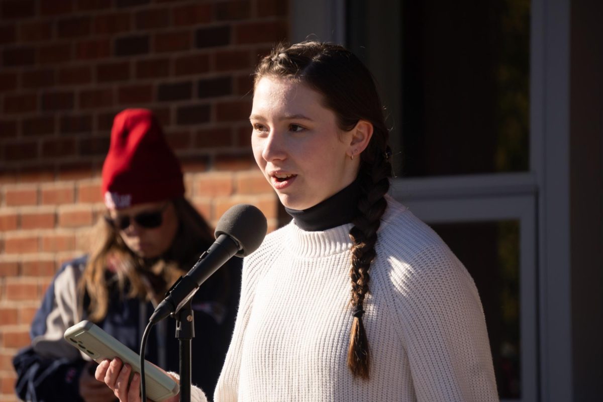 Gloucester High School student, Annette Love addresses the crowd during a rally for Gloucester Educators on Thursday.