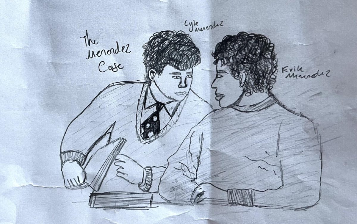 Pencil drawing of the Menendez brothers, Erik and Lyle, in court.