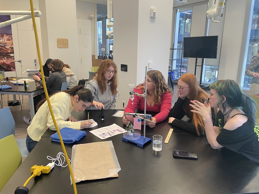 Students Natalie Sheedy, Cassidy Pontes, Lauren Sargent, Emily Tuck and Keith Kershaw participate in a lab during the trip.