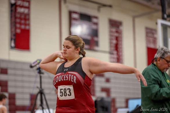 Lauren prepares to throw the shotput at a meet this season.