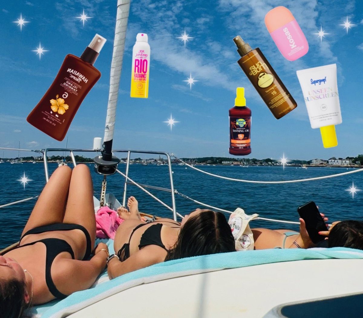 Digital collage of tanning products and girls tanning on a boat 