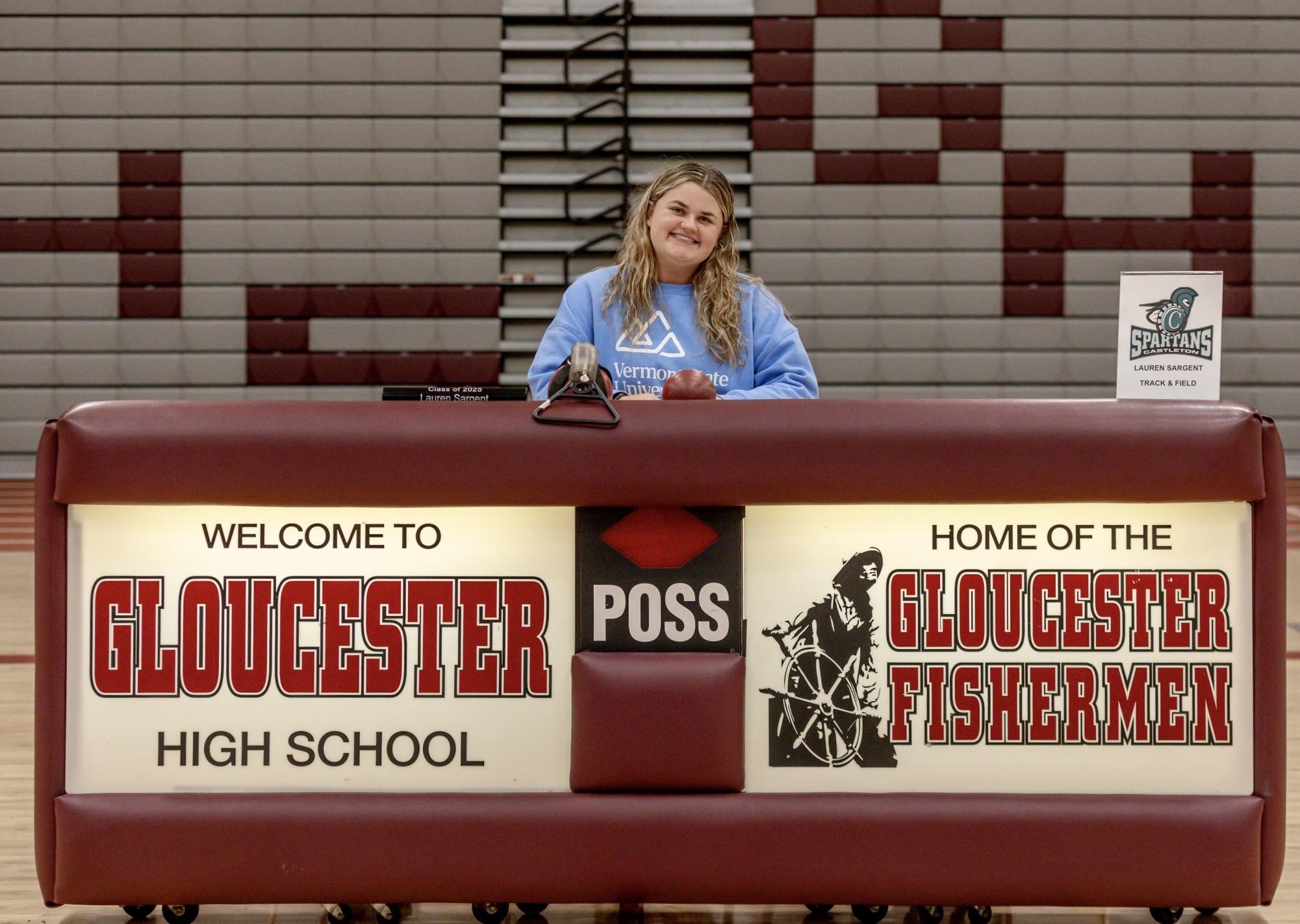 Lauren Sargent signs her letter of intent to continue her track career at Vermont State (Castleton) University. She is one of four GHS athletes from the Class of 2025 to commit to continue their athletic careers in college.
Photo used with permission of Dawn Enos and GHS Fishermen Athletics