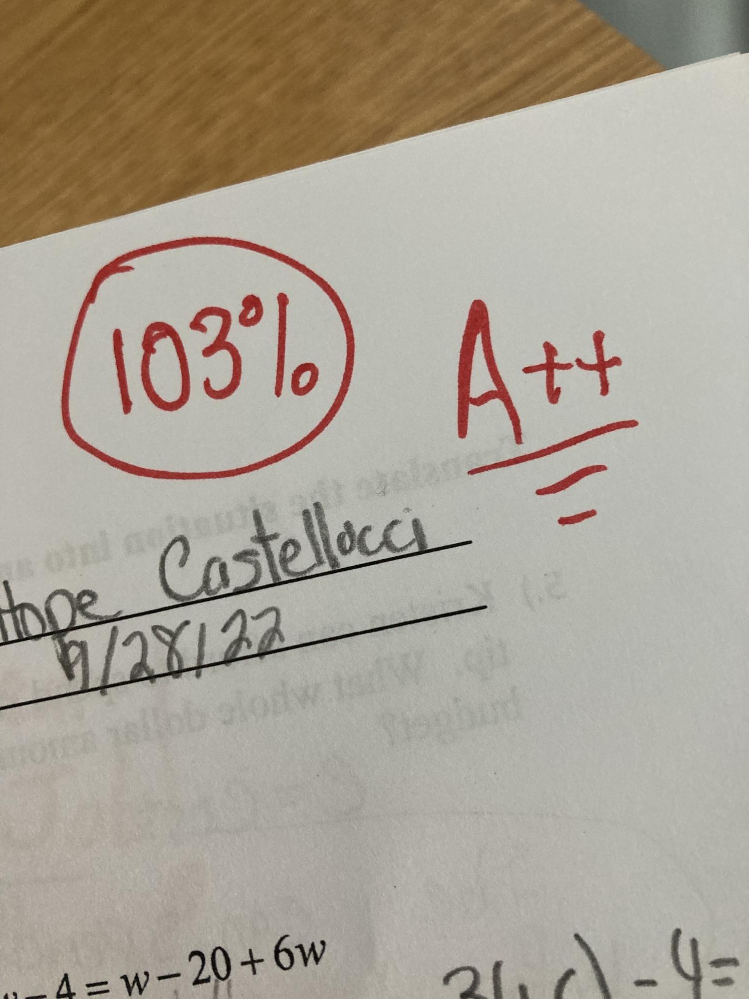 One of Hope Castellucci's papers, depicting an above perfect score