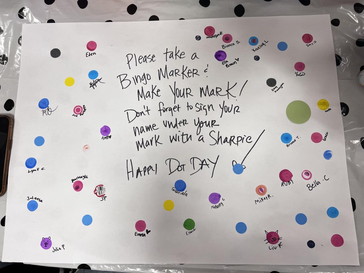 A Dot Day poster decorated with GHS students’ handmade dots 