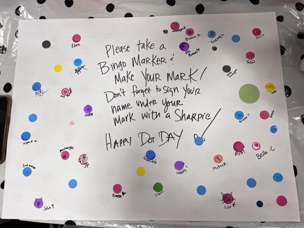 A Dot Day poster decorated with GHS students’ handmade dots 