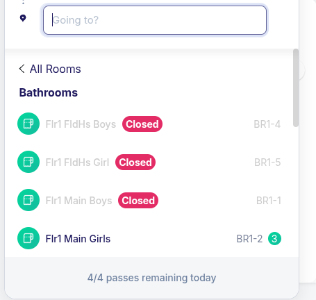 Screenshot of the SmartPass application when opened: 3 bathrooms closed, and one open with 3 people in line. 