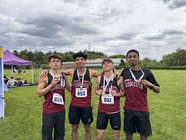Boys 4x400m poses with medals from left to right Vincent Mannone, Jefferson do Carmo, Seamus Linehan, Deion Kasera.
[Photo Courtesy of David Coleman]